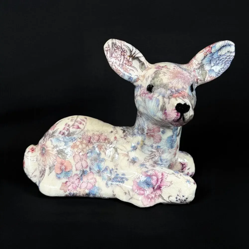 Floral Decoupage Lying Deer Figurine Ceramic Sculpture h8